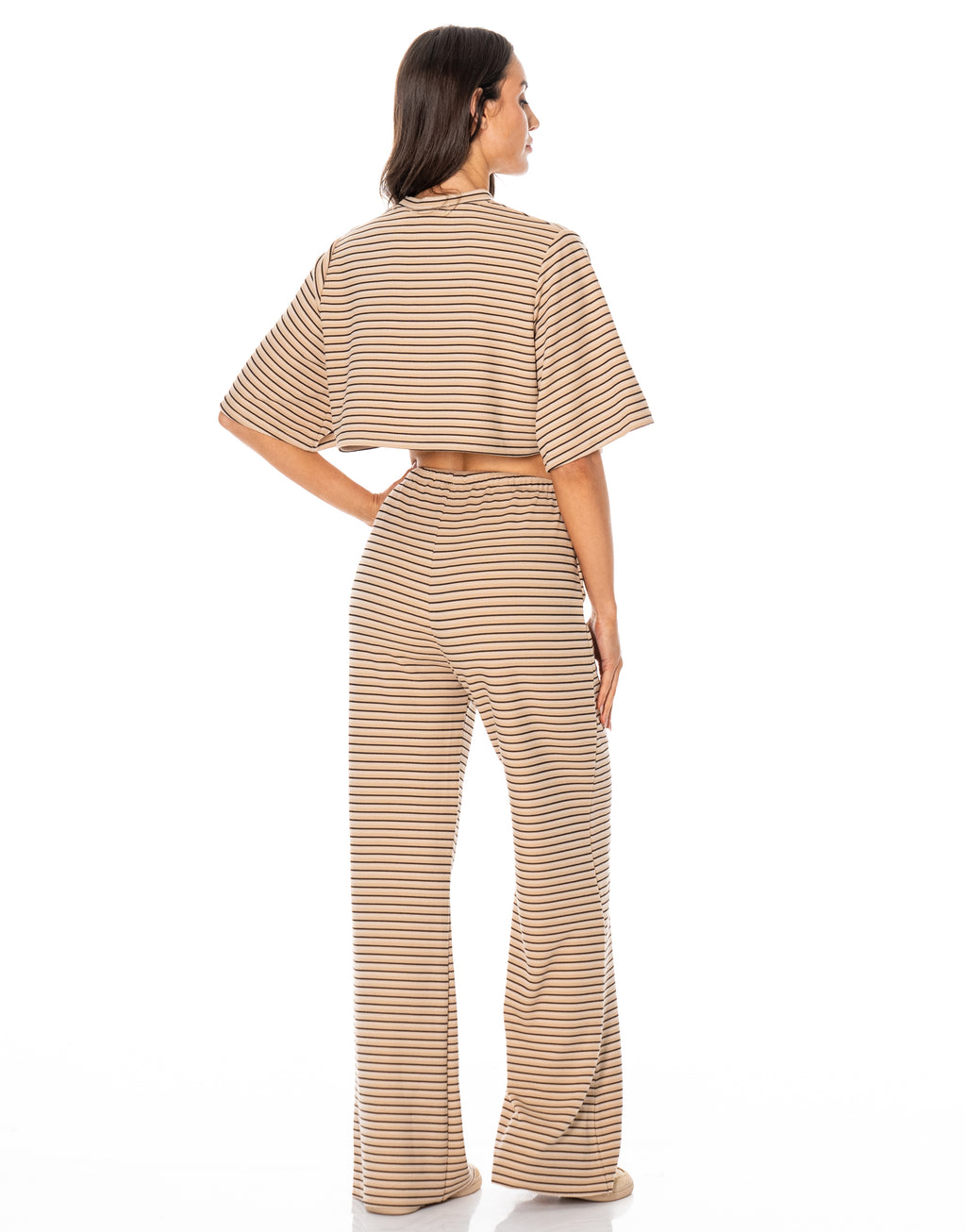 Striped Shirt And Wide-Pant Set - Camel