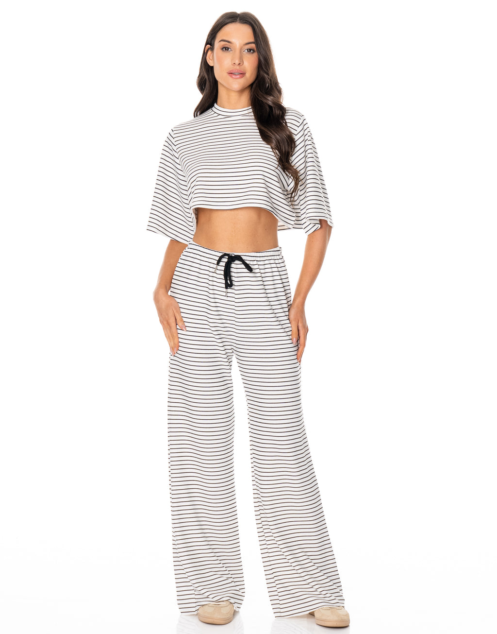 Striped Shirt And Wide-Pant Set - White
