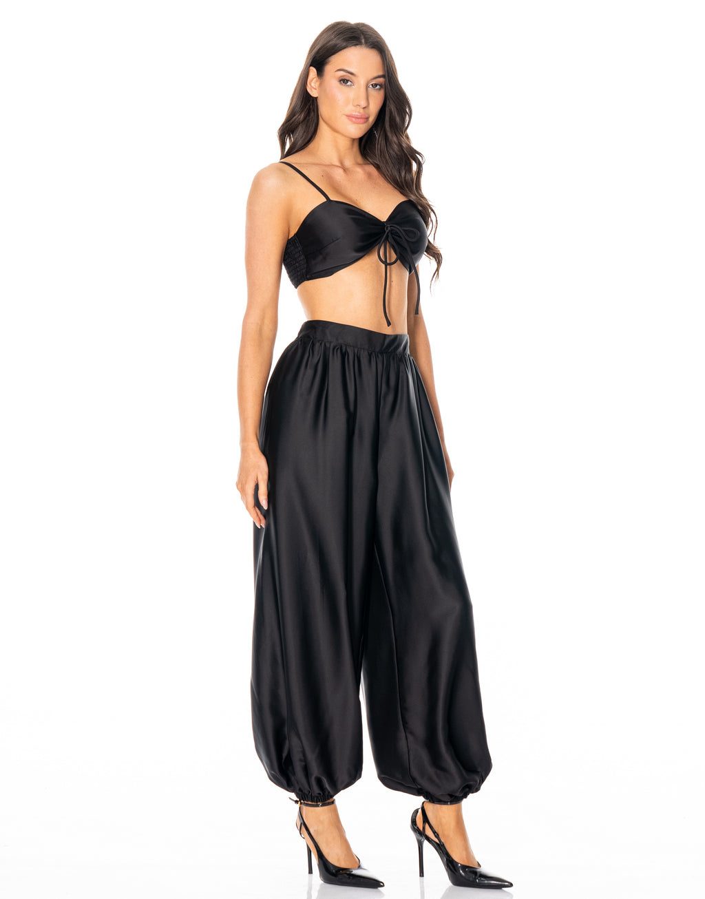 Satin Halter Drape Two-Piece - Black
