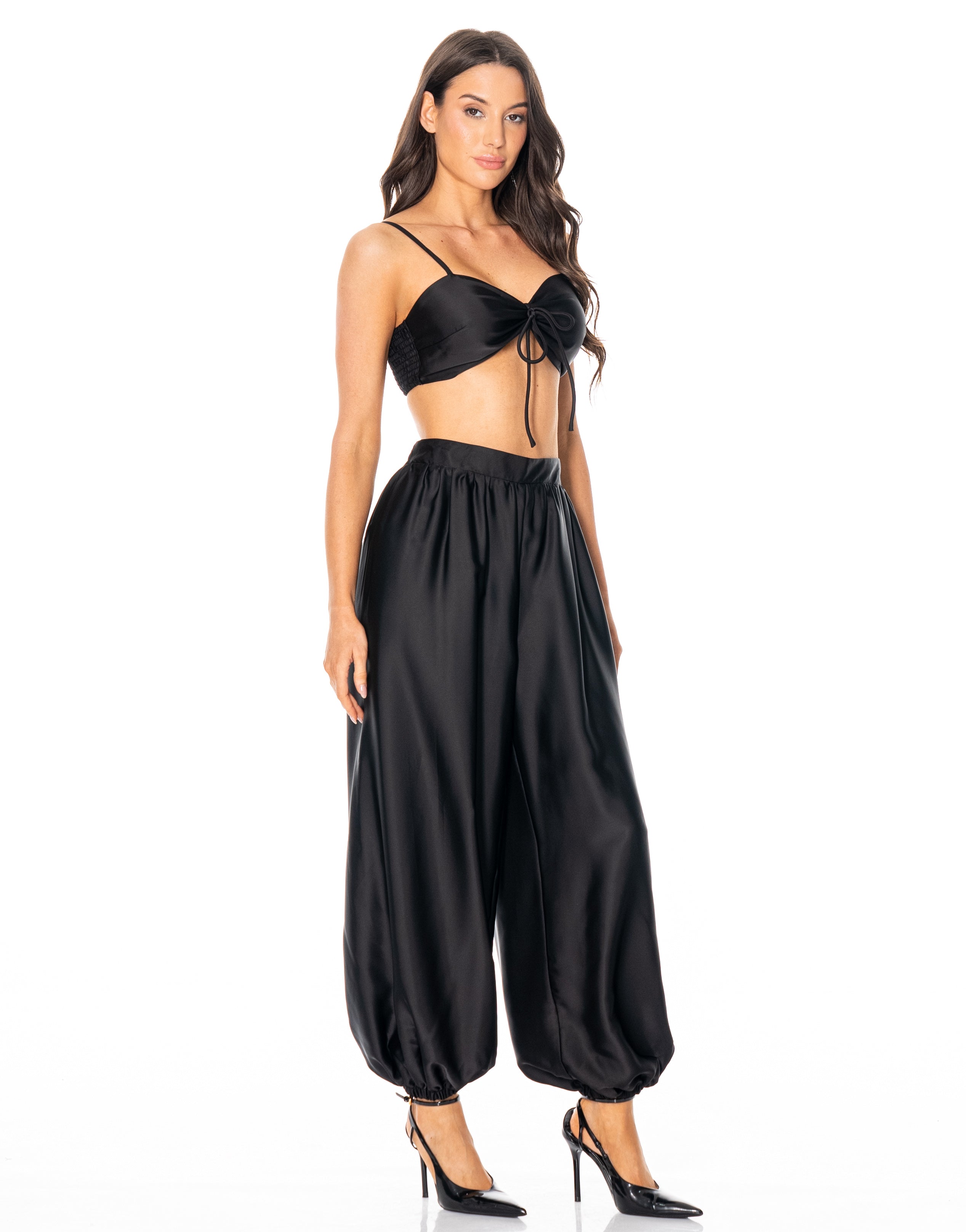 Satin Halter Drape Two-Piece - Black