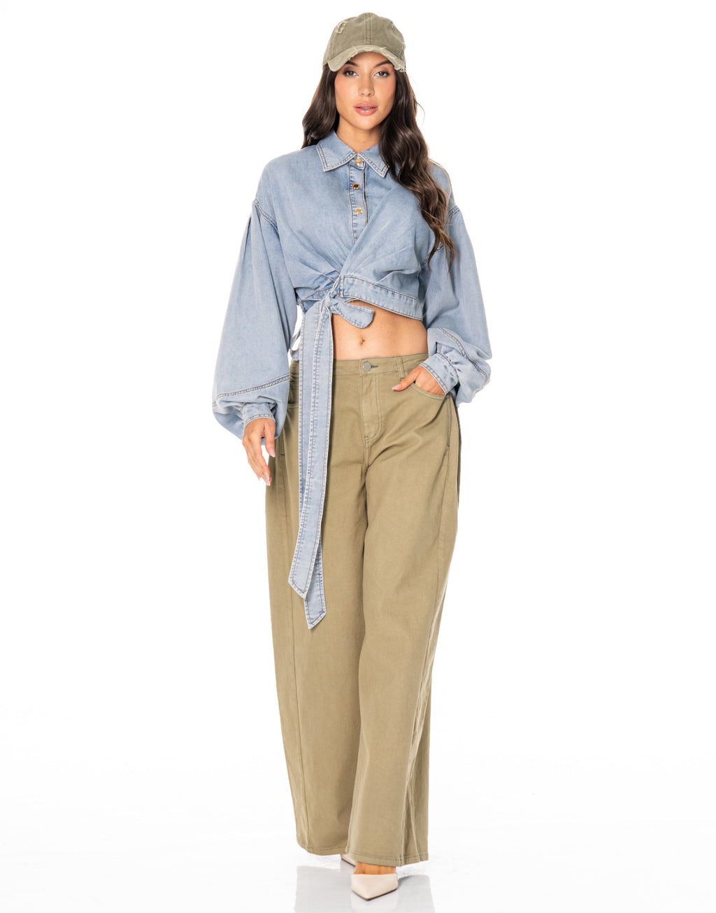Denim Tie Front Crop Shirt - Denim