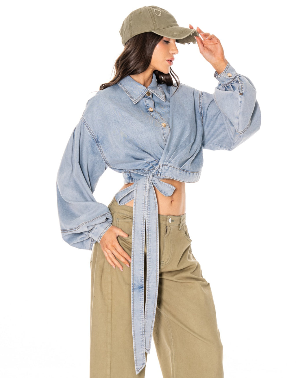 Denim Tie Front Crop Shirt - Denim