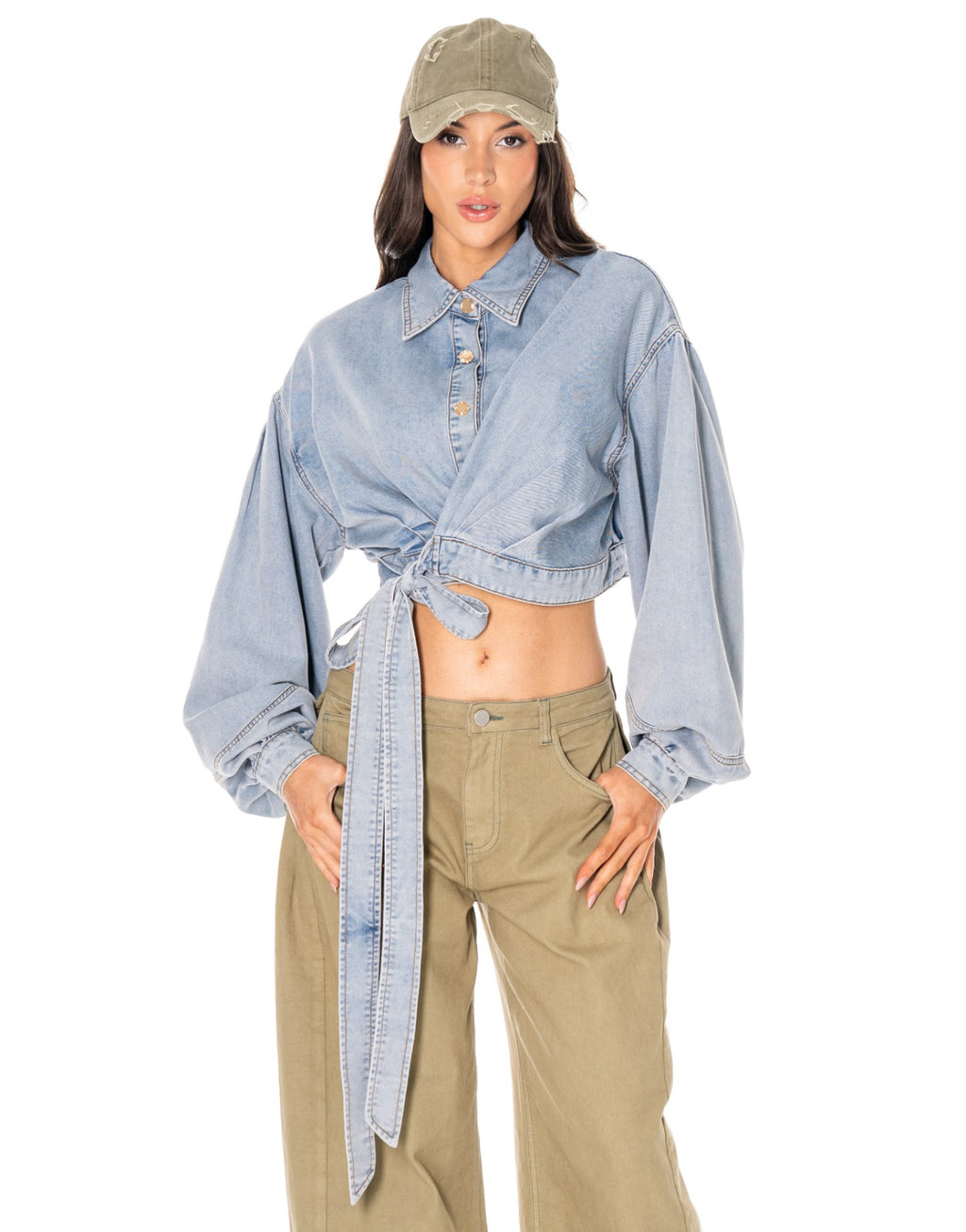 Denim Tie Front Crop Shirt - Denim