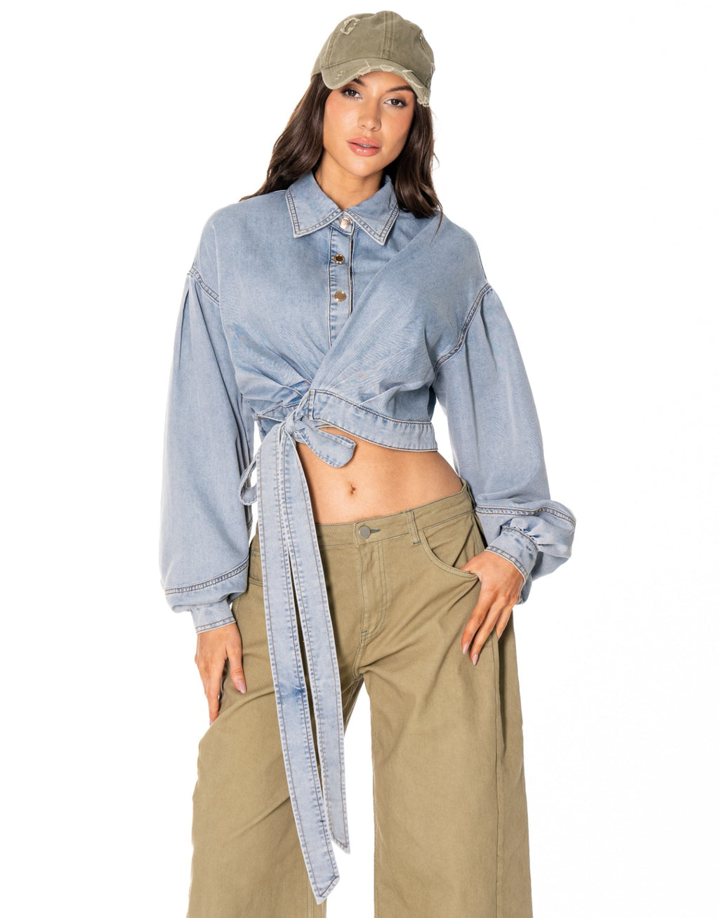 Denim Tie Front Crop Shirt - Denim