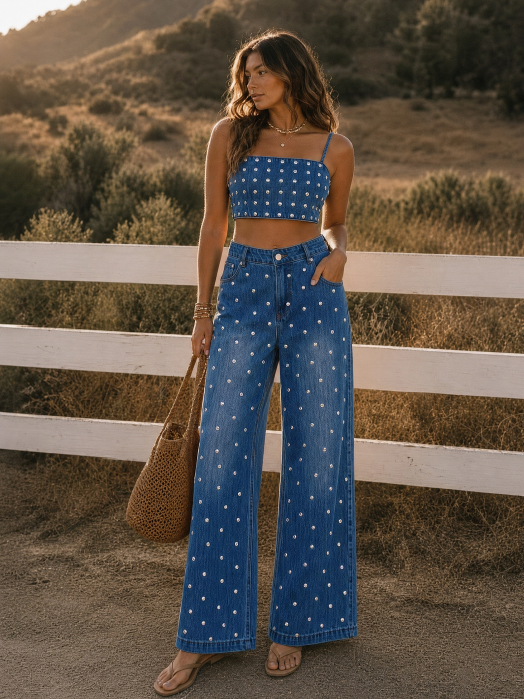 Denim Crop Top And Wide-Leg Jeans - Denim