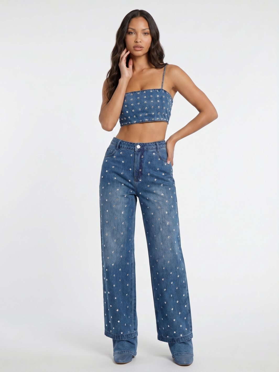 Denim Crop Top And Wide-Leg Jeans - Denim