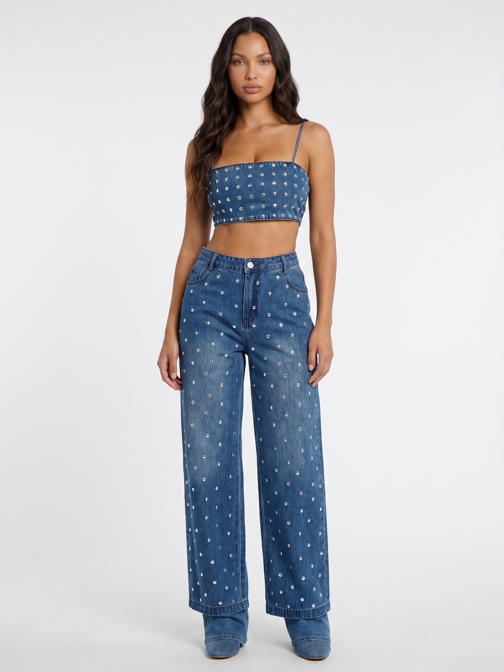 Denim Crop Top And Wide-Leg Jeans - Denim