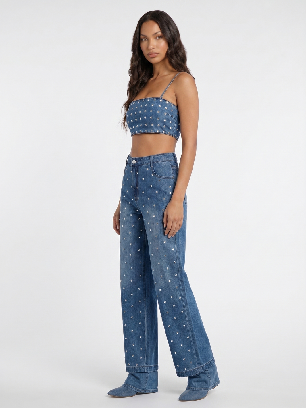 Denim Crop Top And Wide-Leg Jeans - Denim