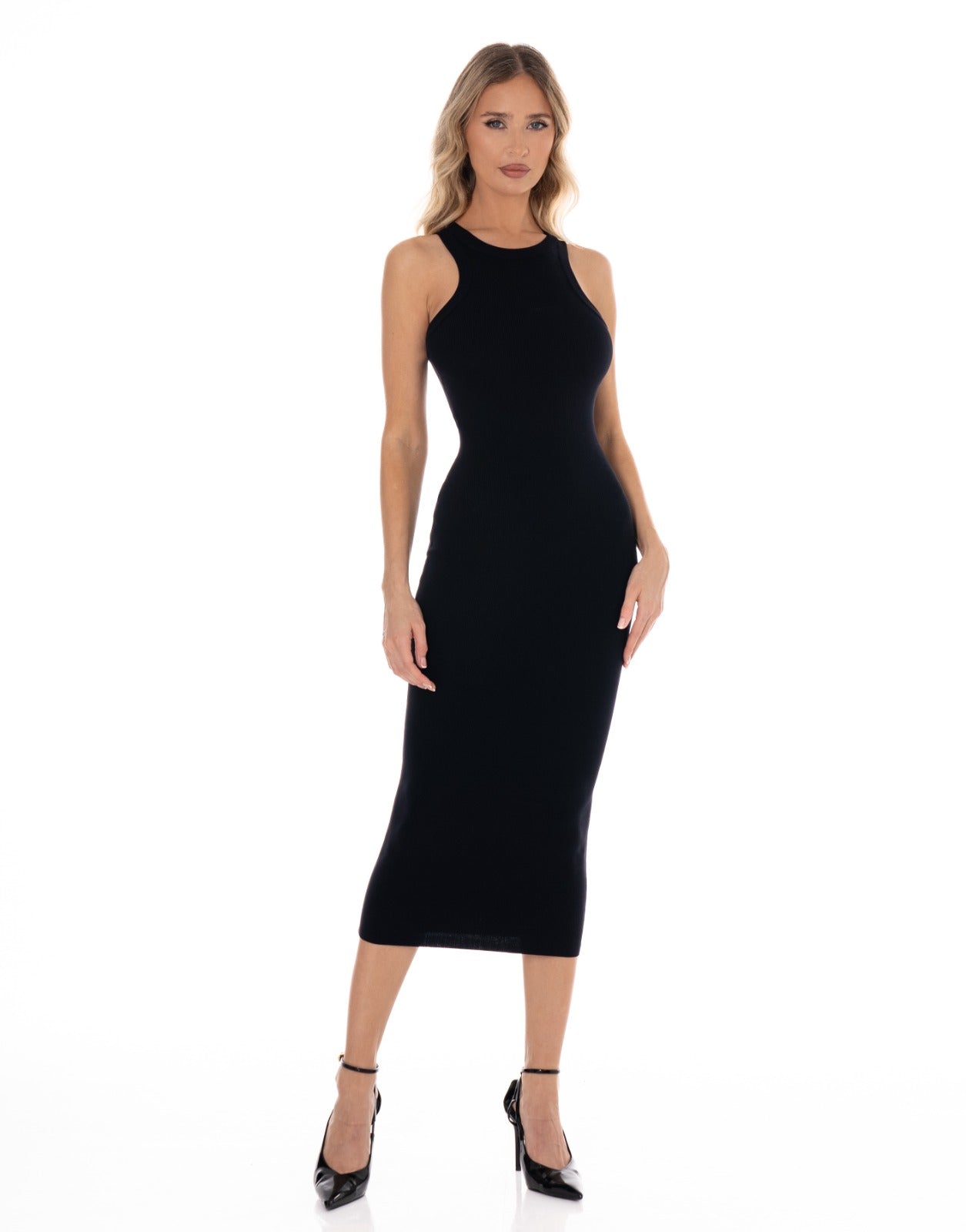 Ribbed Knit Midi Dress - Black