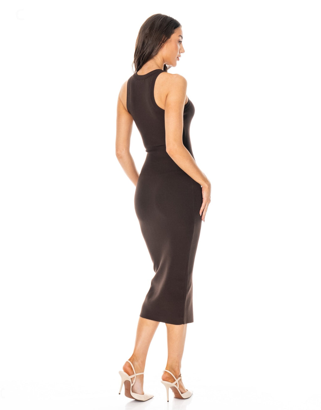 Ribbed Knit Midi Dress - Brown