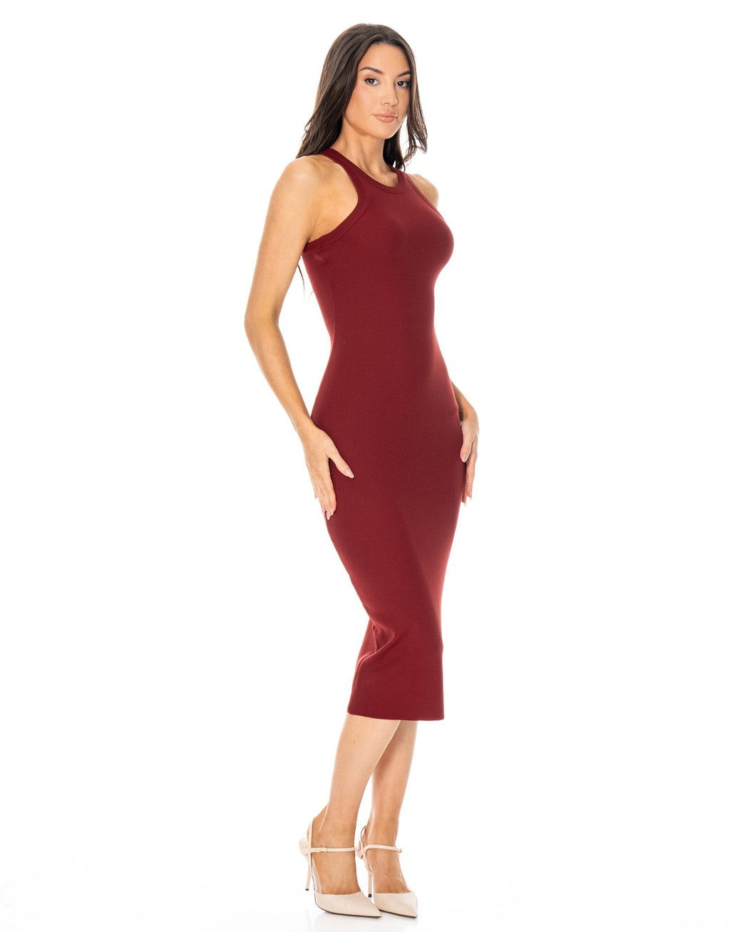 Ribbed Knit Midi Dress - Burgundy