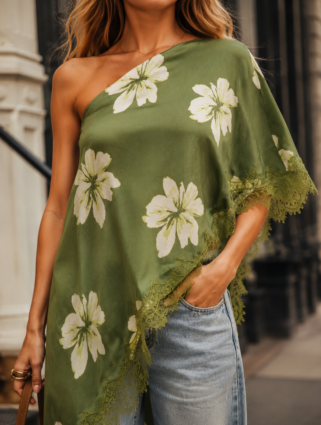 Asymmetrical Floral Top - Green