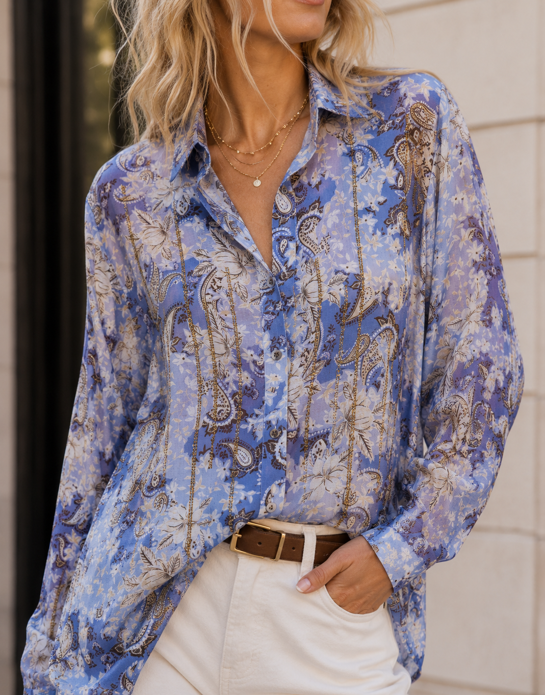 Printed Long-Sleeve Button-Down Shirt - Multi