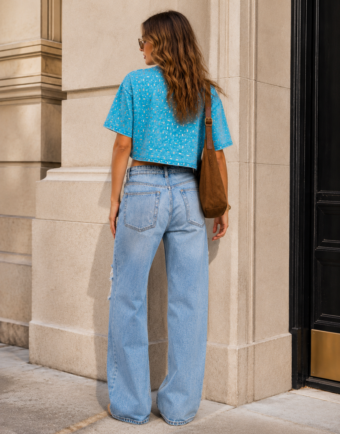 Speckled Short Sleeve Crop Top - Blue