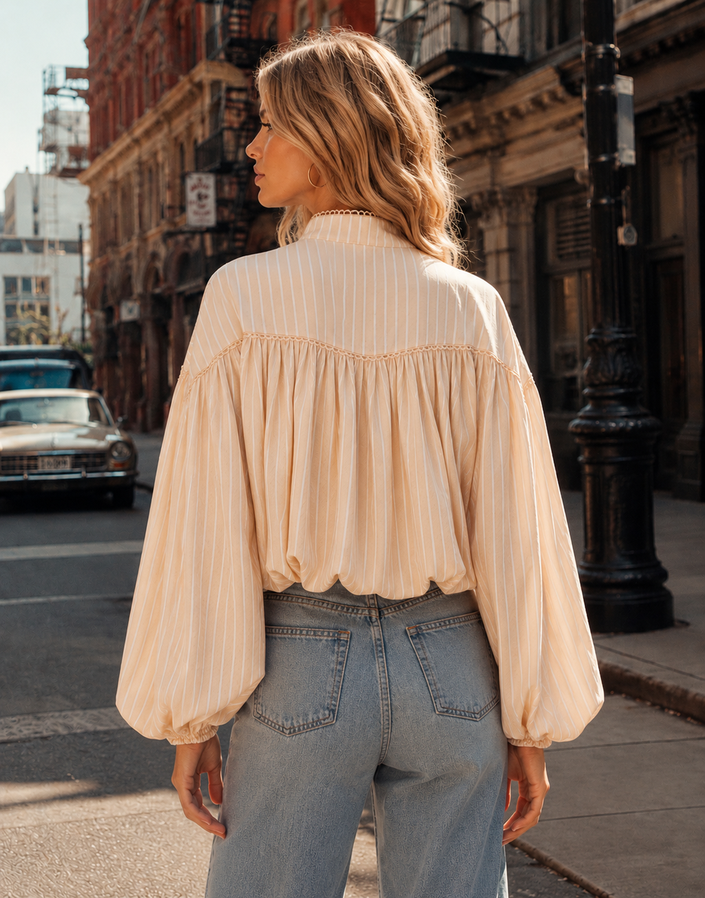 Pleated Long-Sleeve Blouse - Beige