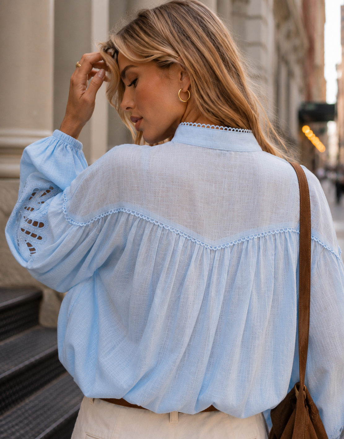 Eyelet Detail Button-Down Blouse - Light Blue