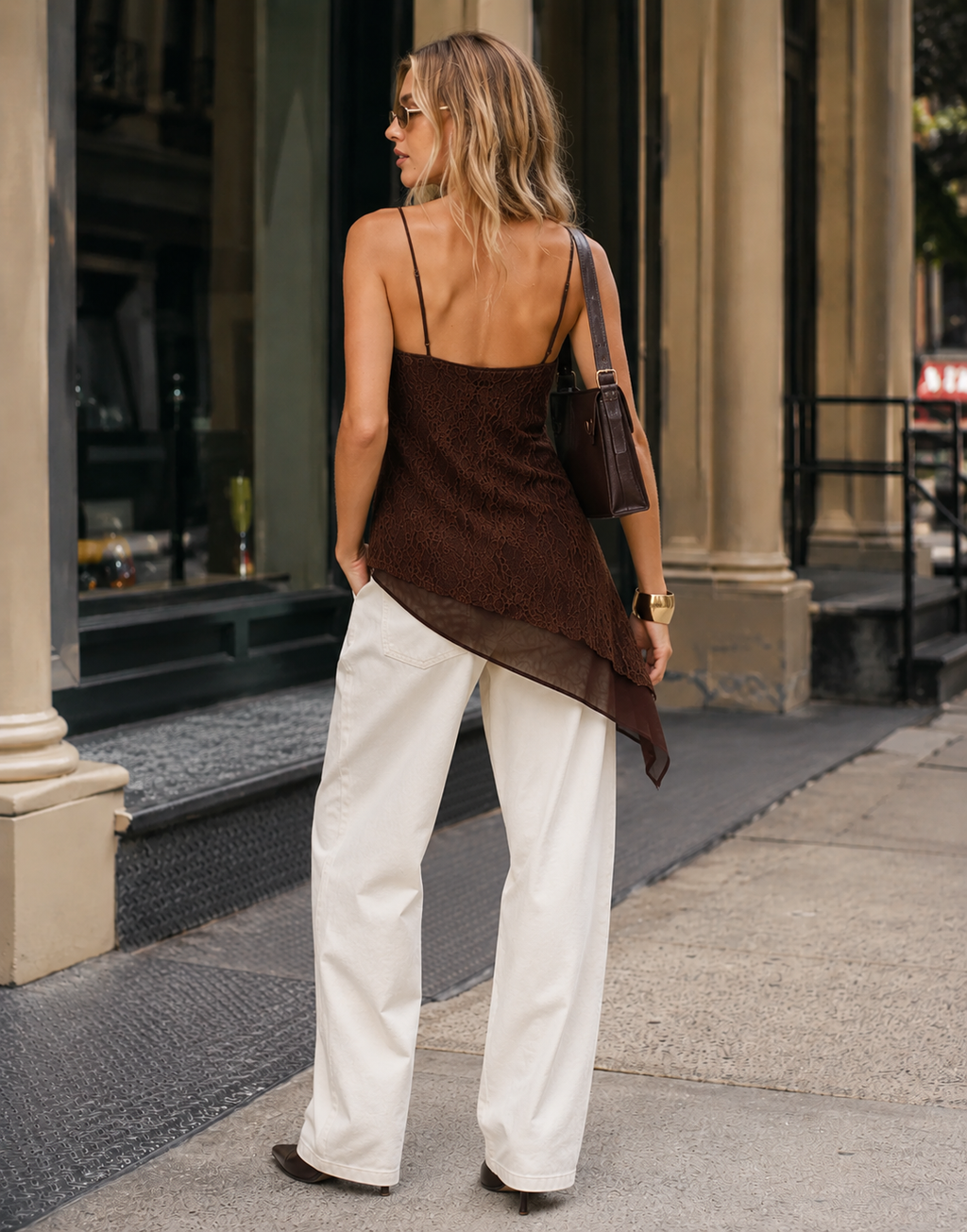 Asymmetrical Lace Overlay Top - Brown