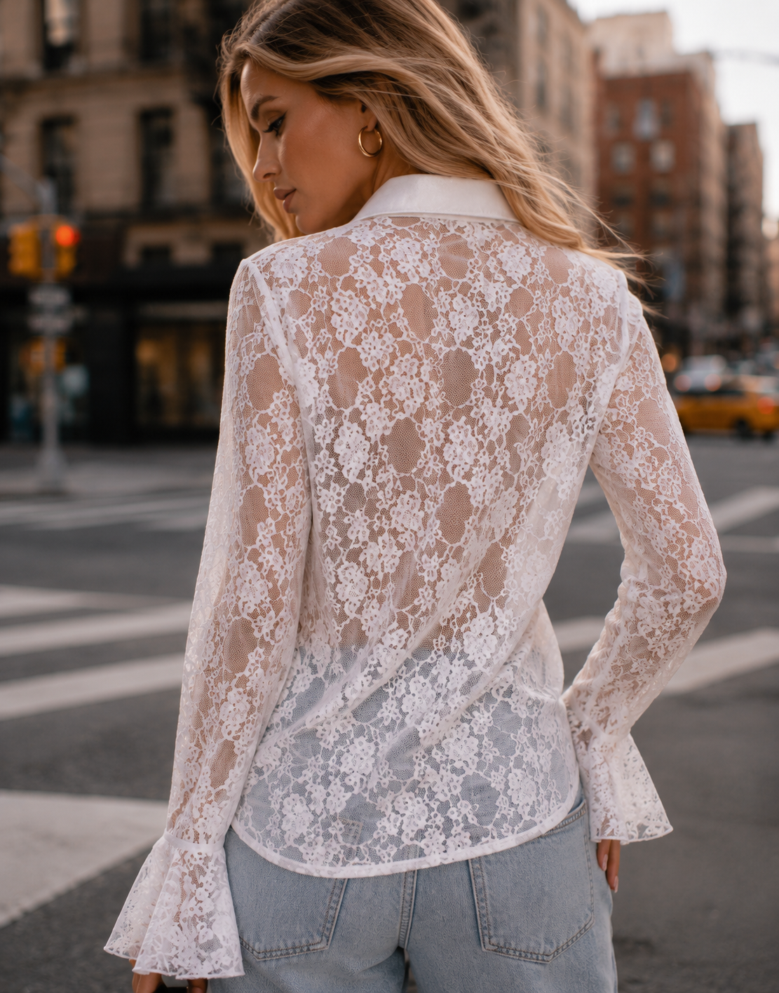 Lace Ruffle Long Sleeve Top - White