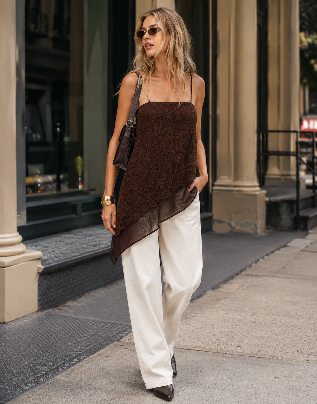 Asymmetrical Lace Overlay Top - Brown
