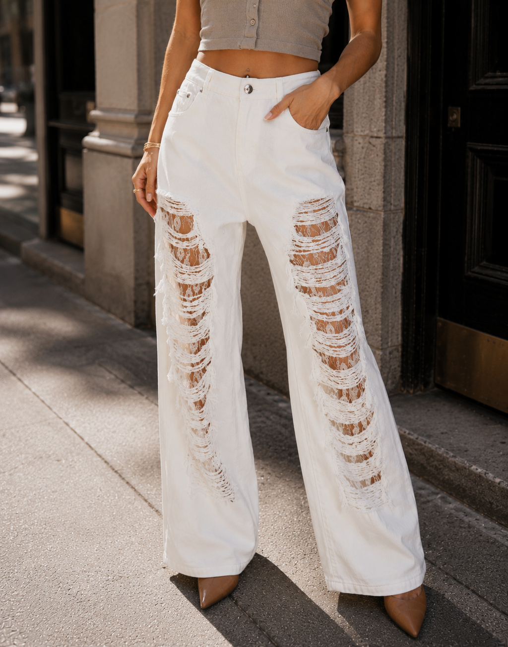 Distressed Lace Detail Pant - White