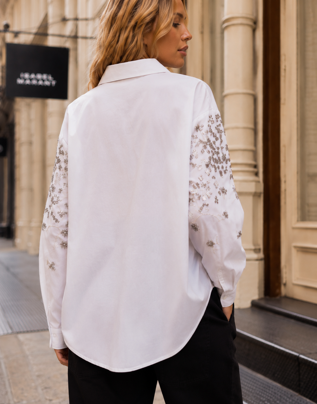 Embroidered Long-Sleeve Button-Down - White