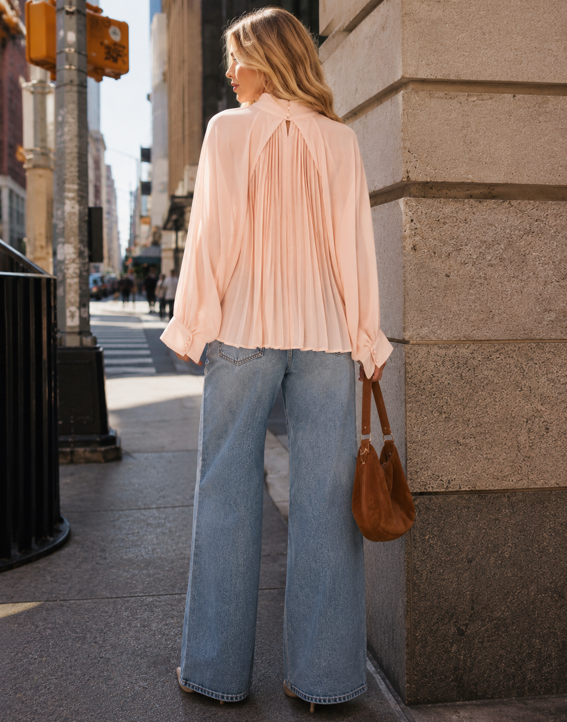 Pleated Blouson Long-Sleeve Top - Pink