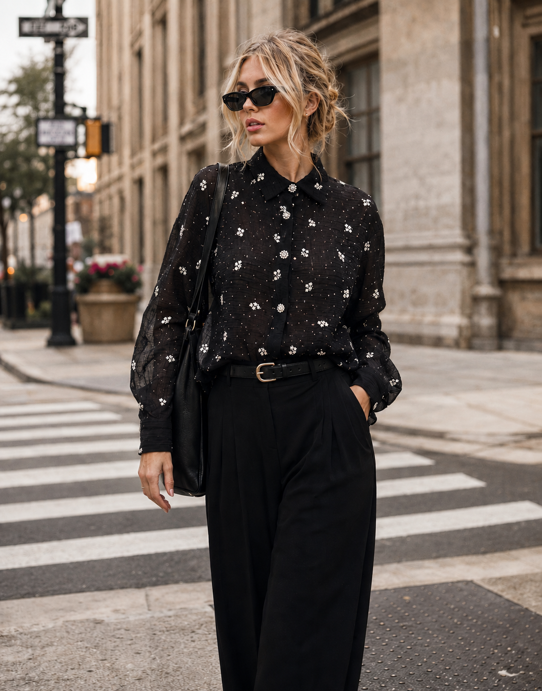 Sheer Floral Button-Down - Black