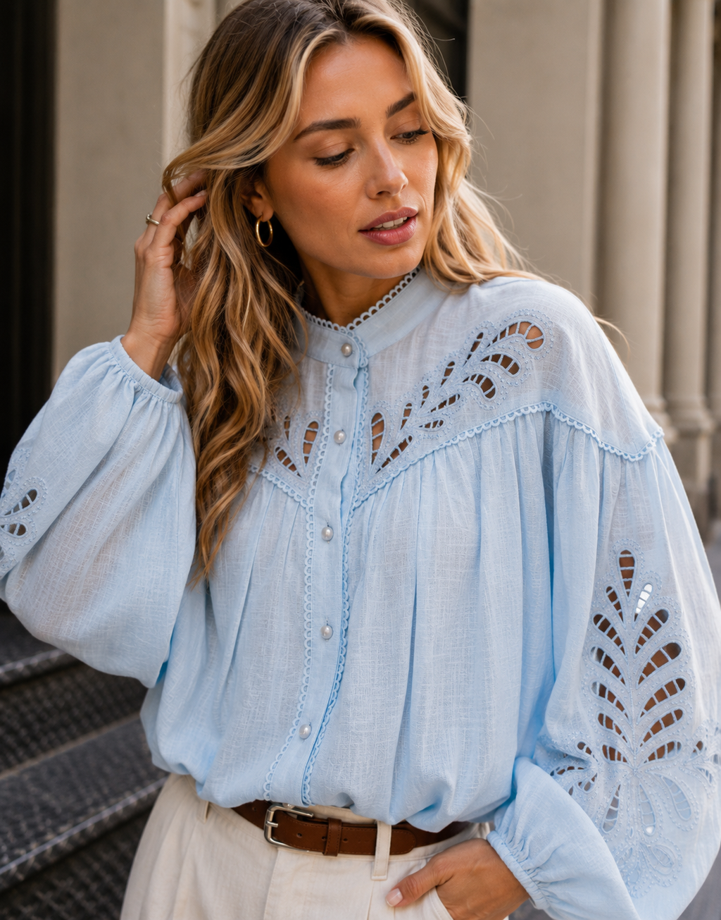 Eyelet Detail Button-Down Blouse - Light Blue