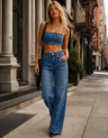 Denim Crop Top And Wide Leg Jeans Set - Denim