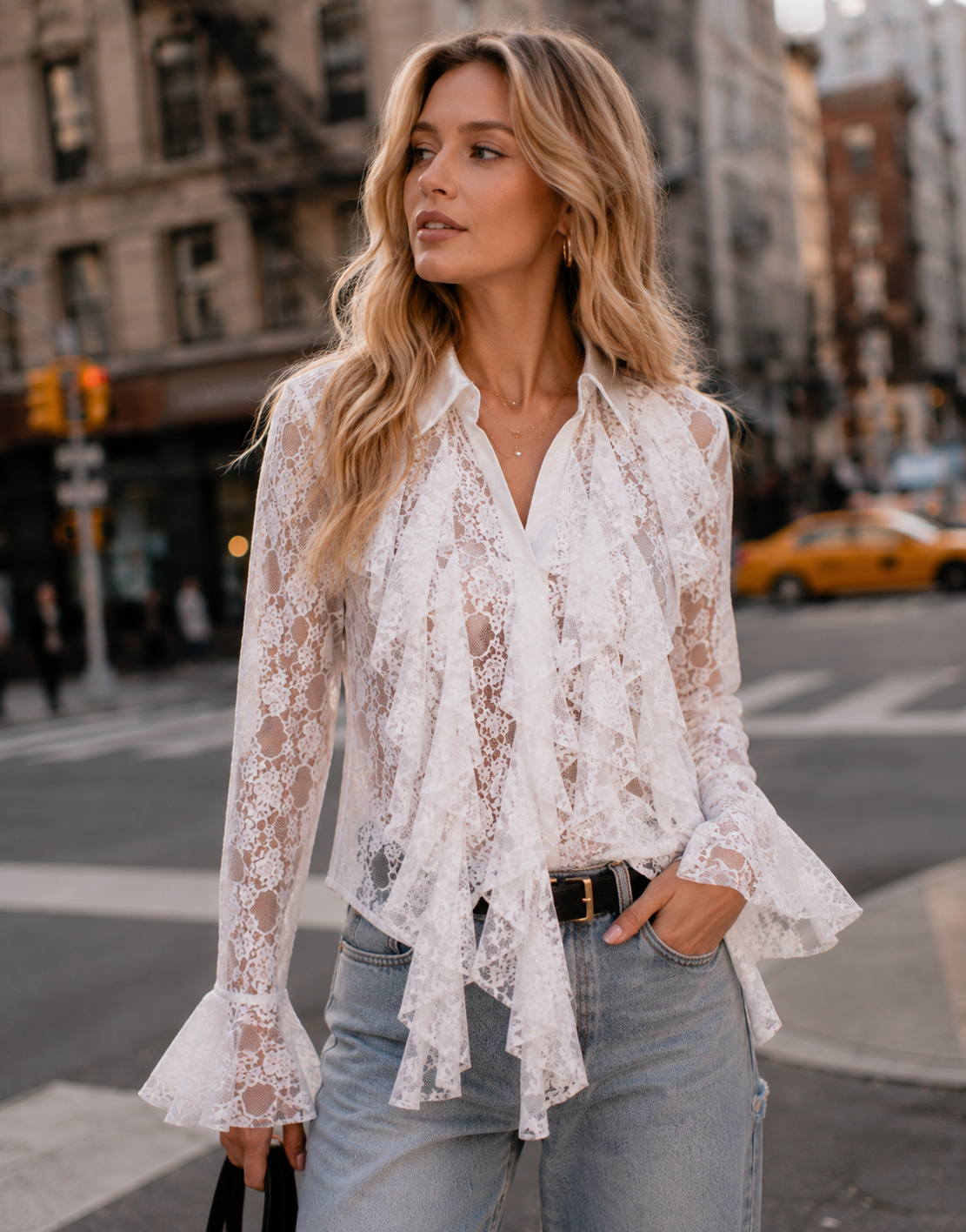 Lace Ruffle Long Sleeve Top - White