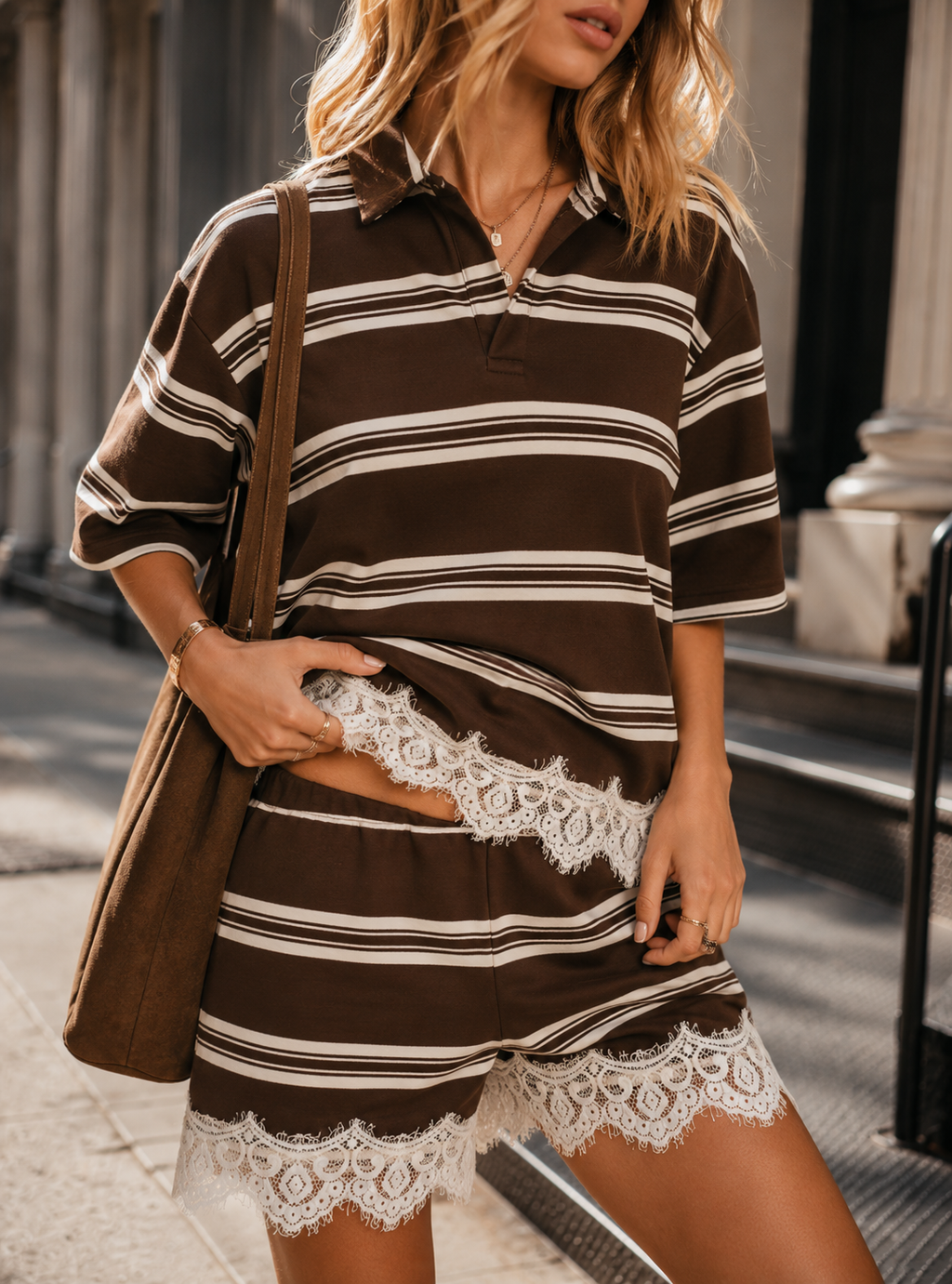Striped Top and Shorts Set - Brown
