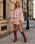 Floral High-Neck Mini Dress - Pink