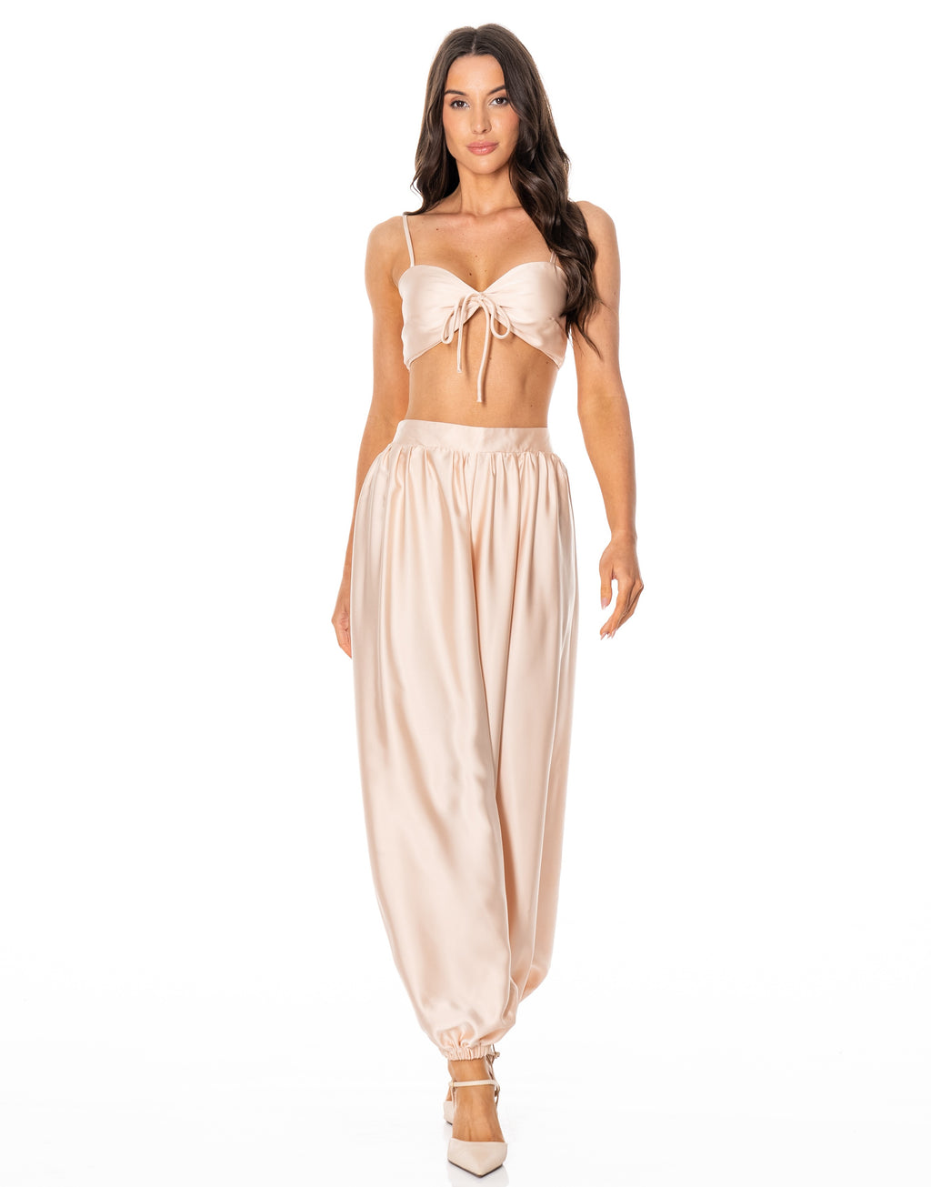 Satin Halter Drape Two-Piece - Apricot