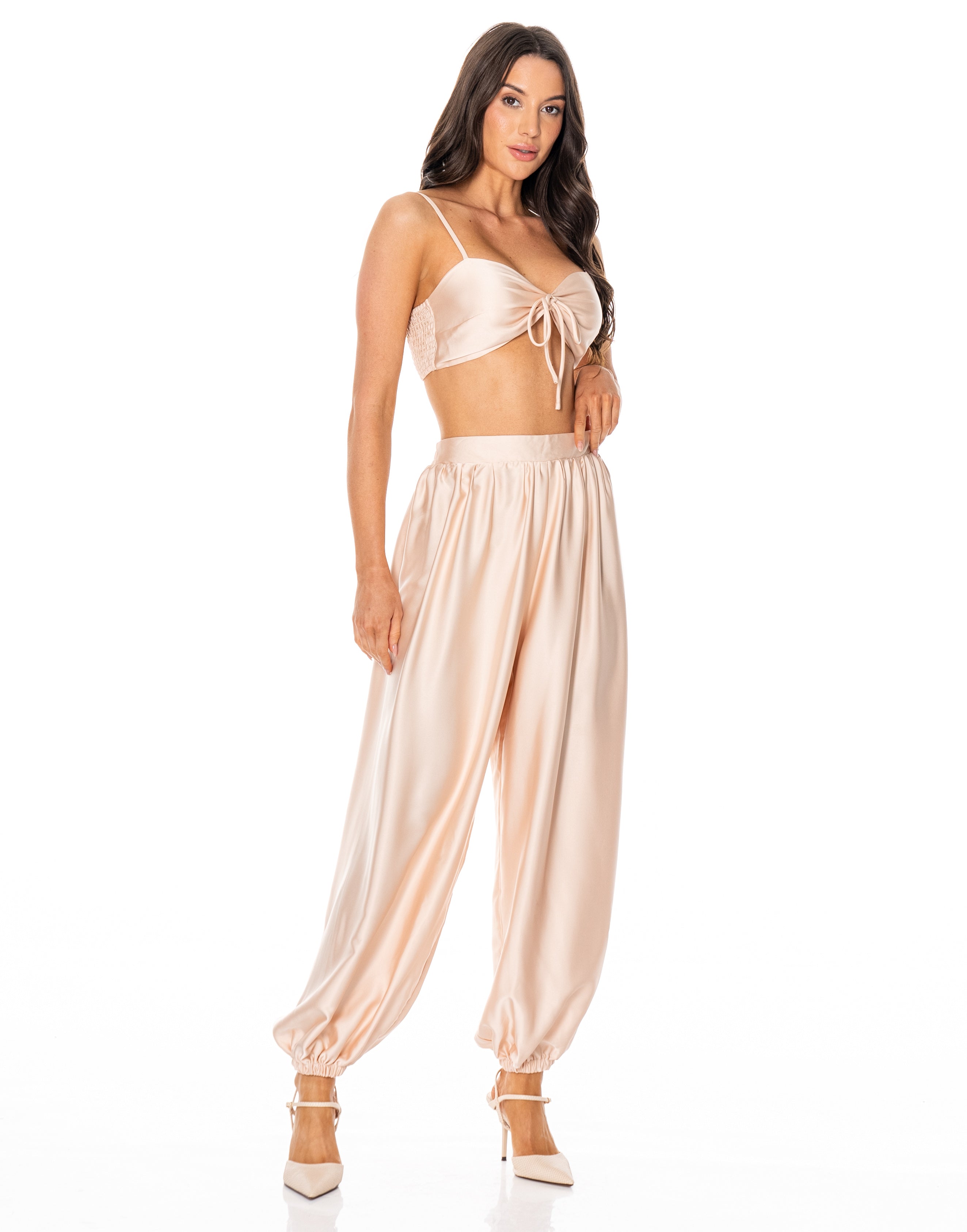 Satin Halter Drape Two-Piece - Apricot