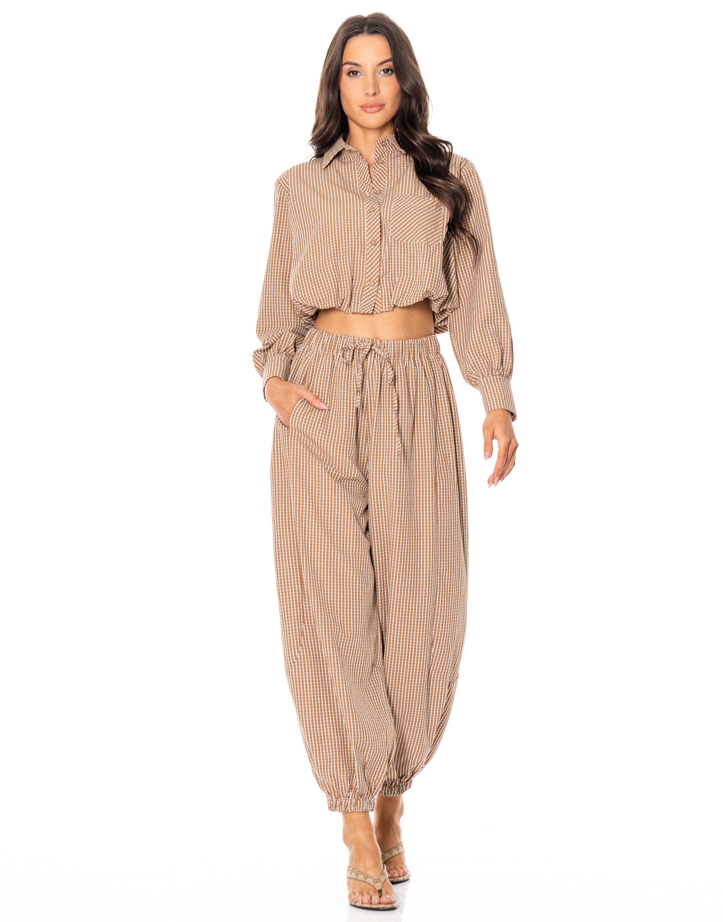 Striped Shirt And Pant Set - Brown