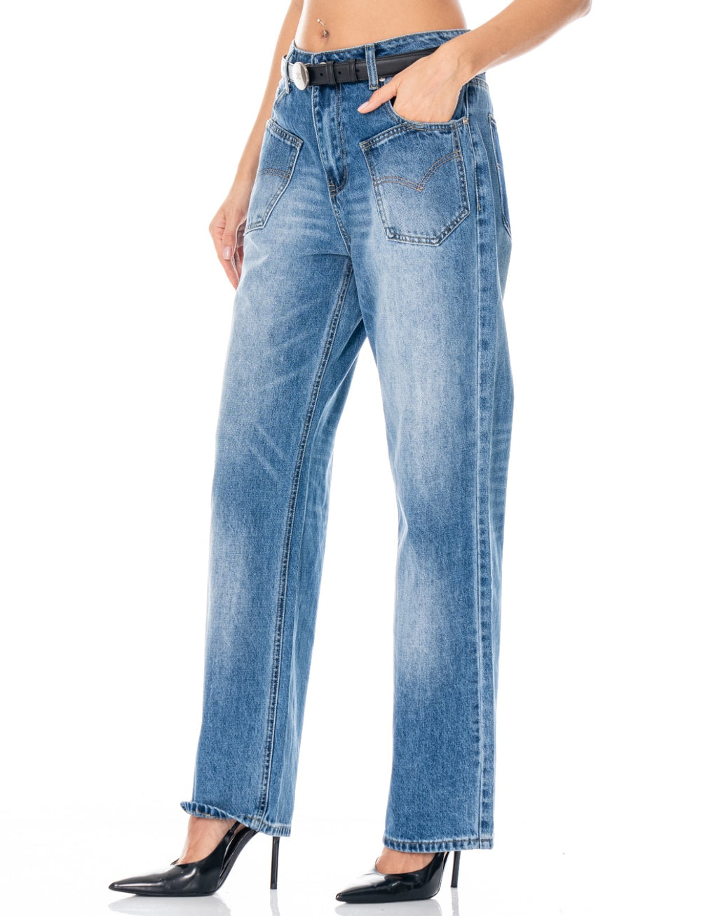 Bleach Wash Straight Leg Jeans - Denim