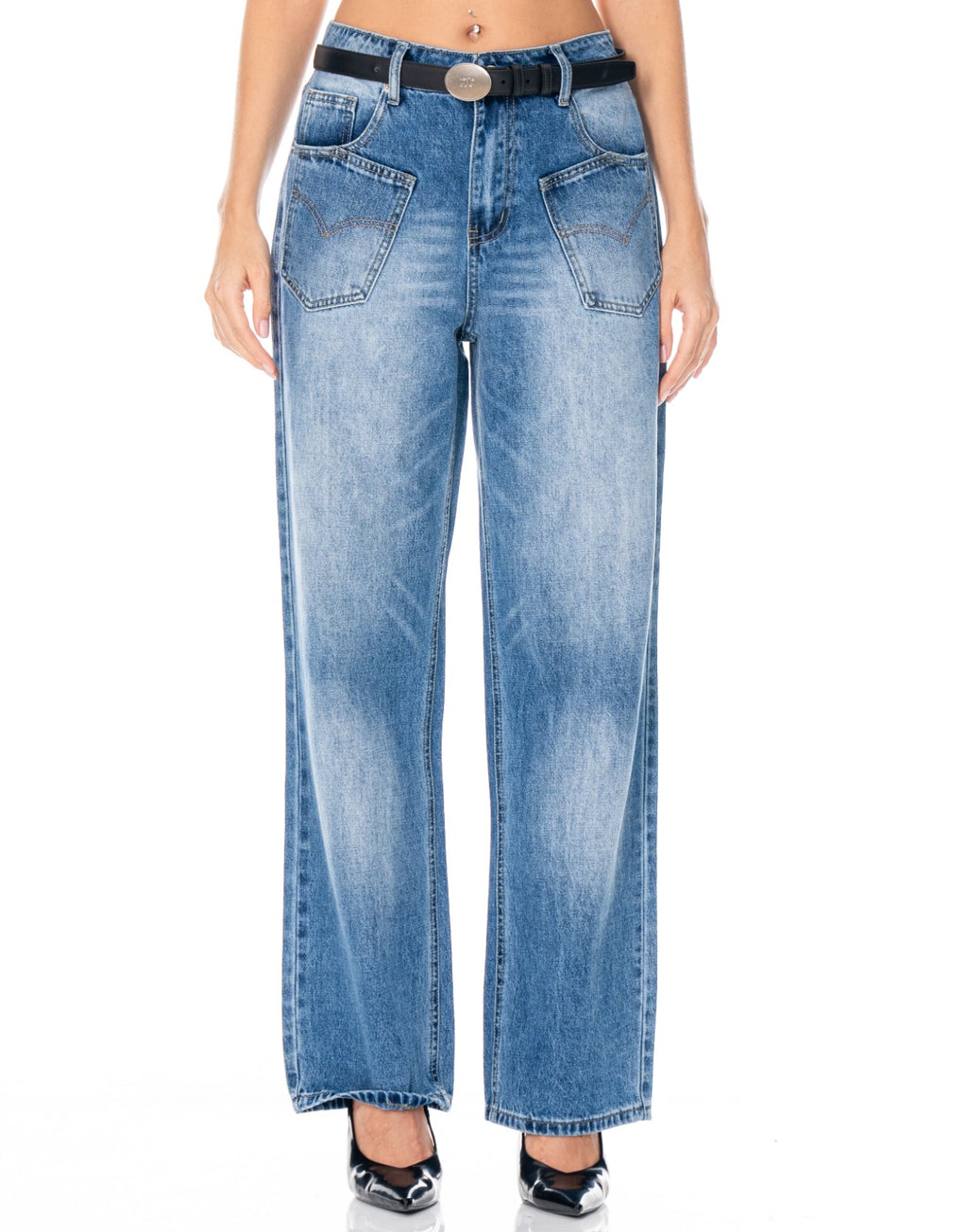 Bleach Wash Straight Leg Jeans - Denim