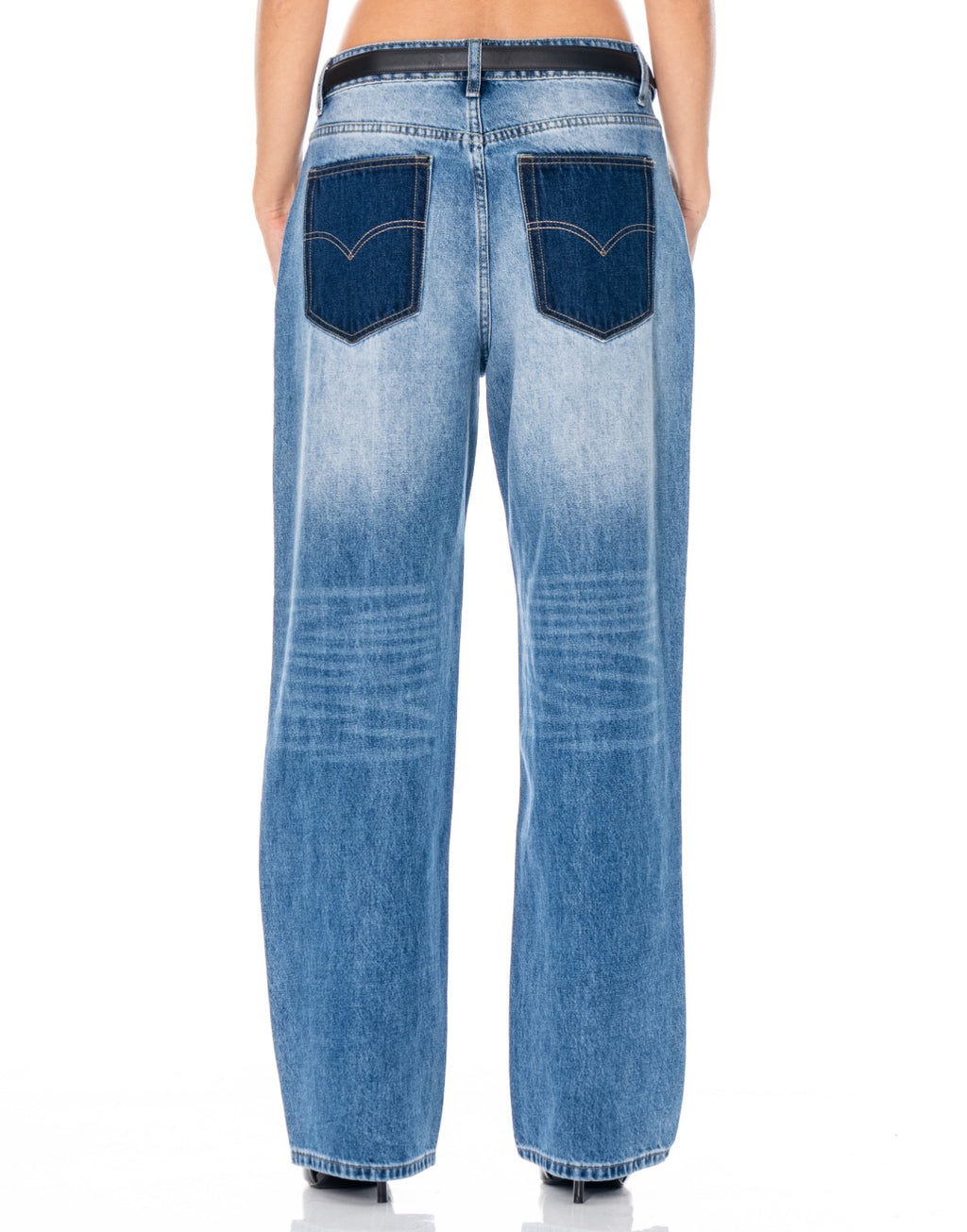 Bleach Wash Straight Leg Jeans - Denim