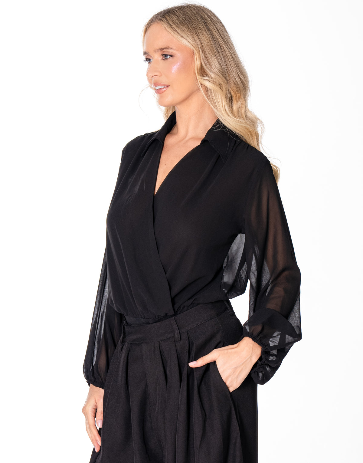 Chiffon Surplice Bodysuit - Black