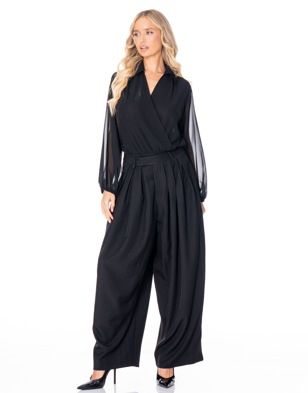 Chiffon Surplice Bodysuit - Black