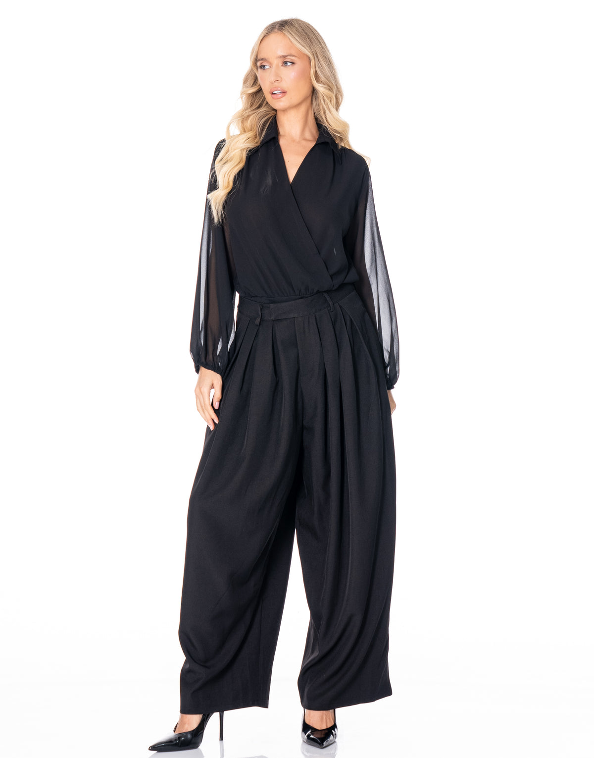 Chiffon Surplice Bodysuit - Black