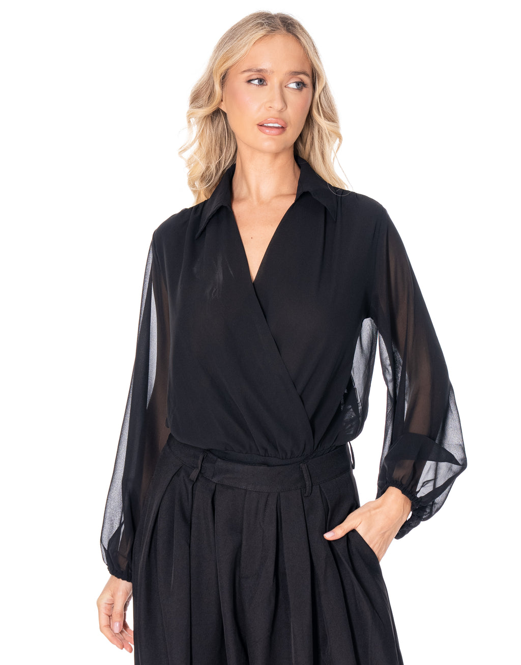 Chiffon Surplice Bodysuit - Black