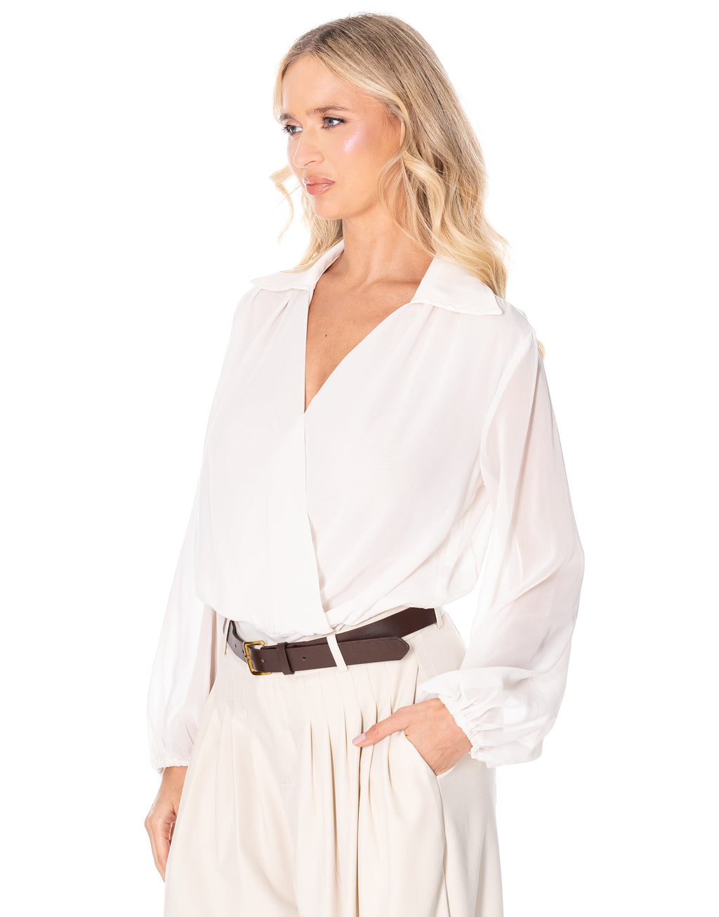 Chiffon Surplice Bodysuit - Offwhite