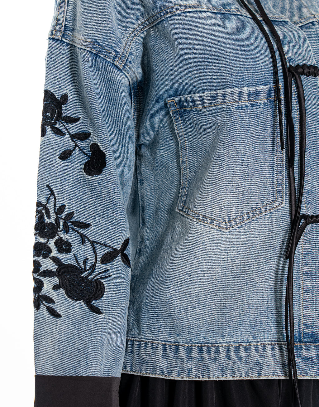 Floral Embroidered Denim Jacket With Frog Tie Closures - Denim