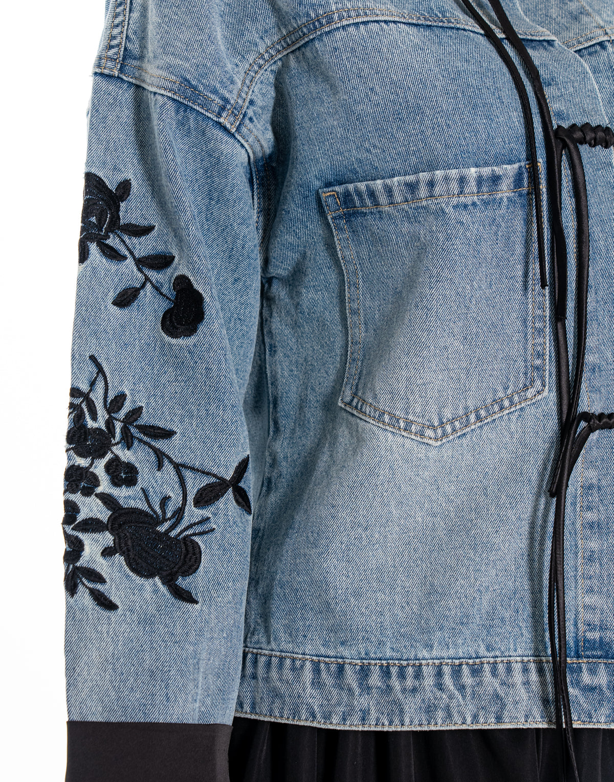 Floral Embroidered Denim Jacket With Frog Tie Closures - Denim