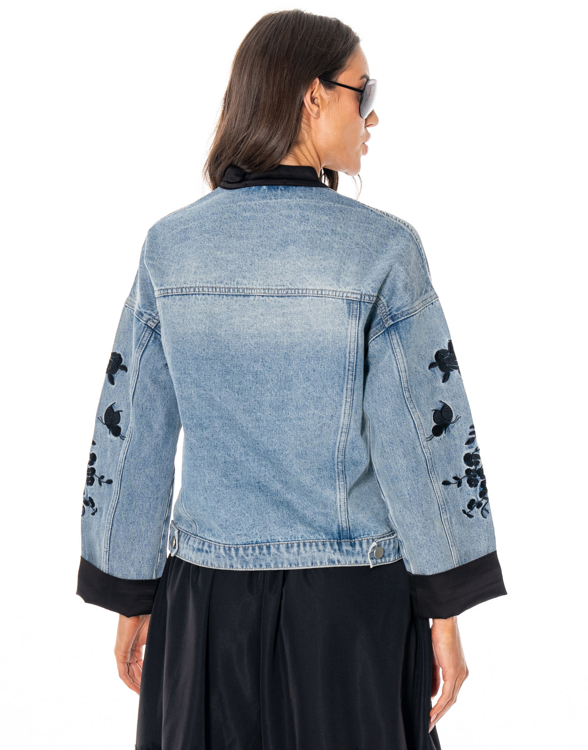 Floral Embroidered Denim Jacket With Frog Tie Closures - Denim