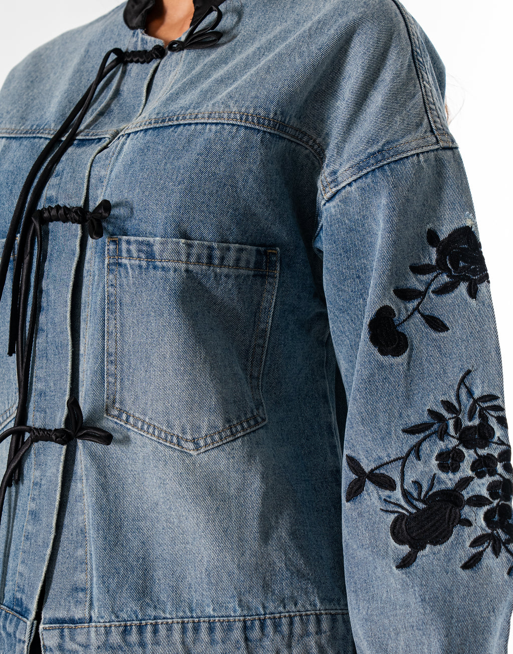 Floral Embroidered Denim Jacket With Frog Tie Closures - Denim