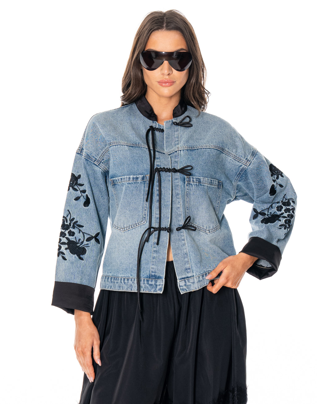 Floral Embroidered Denim Jacket With Frog Tie Closures - Denim