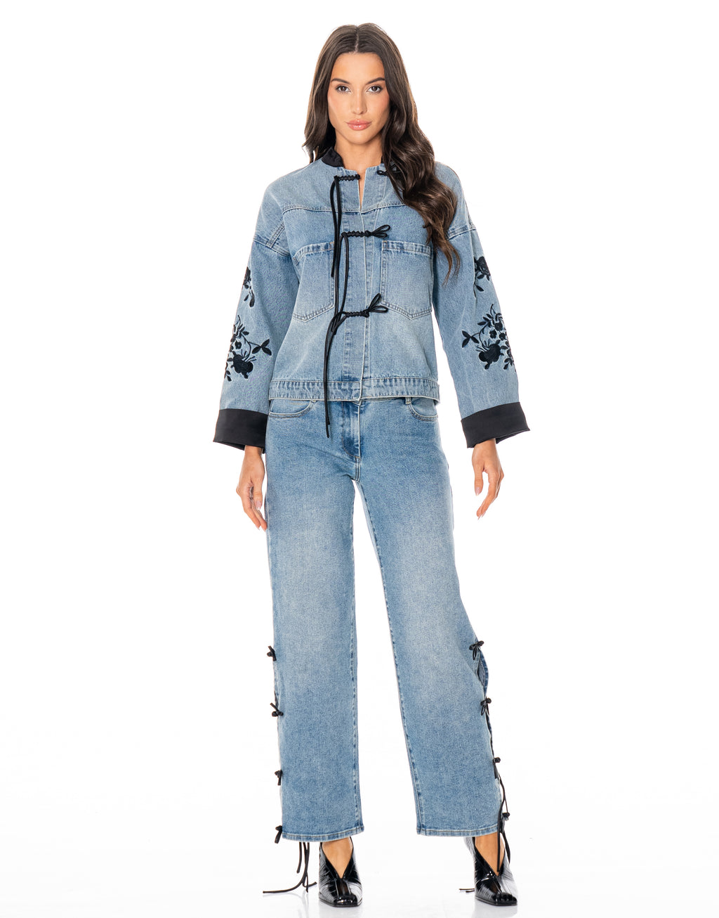 Floral Embroidered Denim Jacket With Frog Tie Closures - Denim