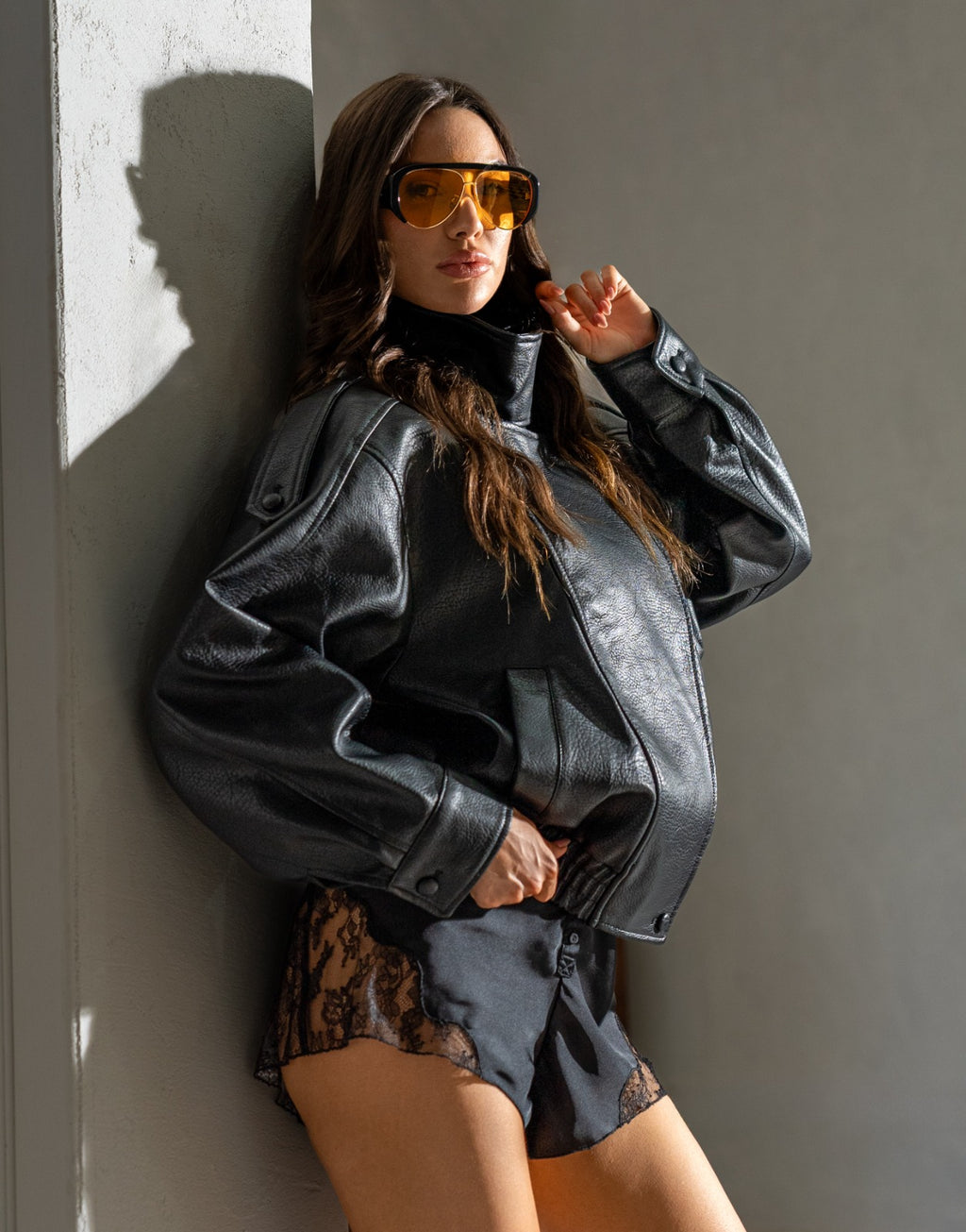 Oversized Faux Leather Bomber Jacket - Black